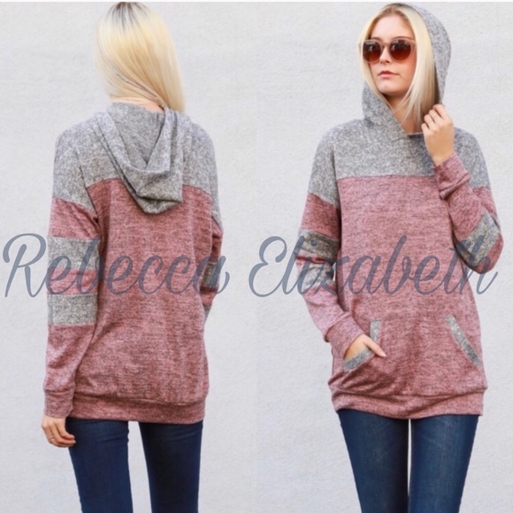Oversized Ash Pink & Gray Color-block Pull-On Hoodie